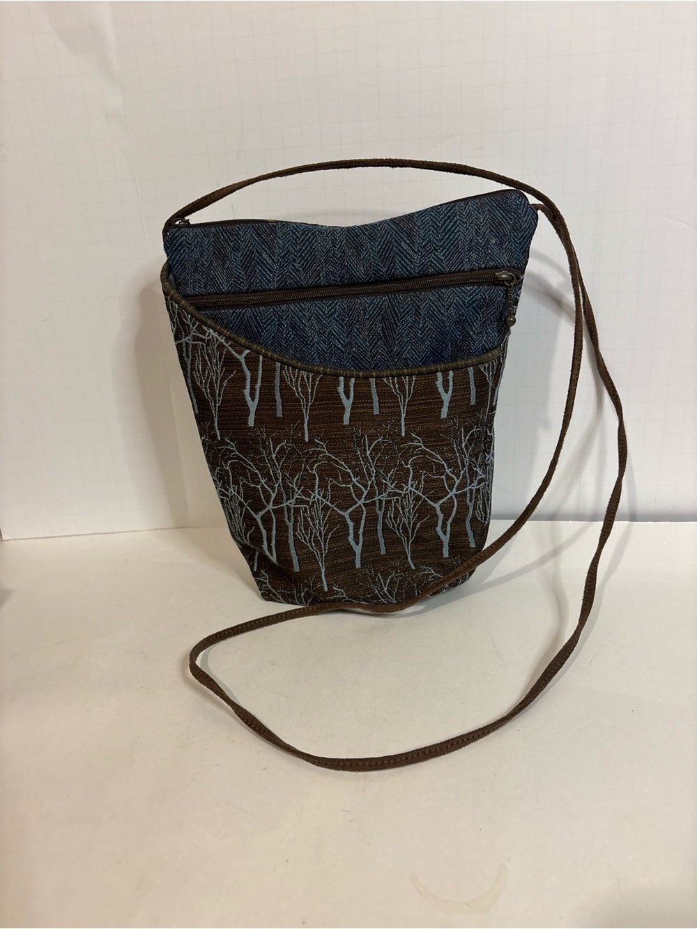 Handmade Maruca Brown and Blue Tree-Pattern Crossbody Bag - Casual Everyday